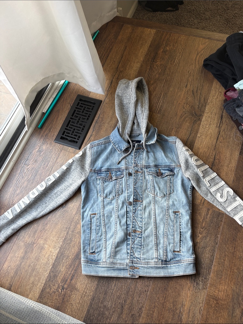 Hollister Light Blue Denim Jacket with Grey Hoodie Sleeves